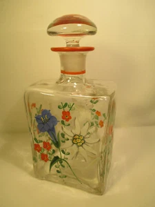 Alte Art Deco Glas Schnaps / Likör Flasche mit Emailbemalung / Enzian - Bild 1 von 7
