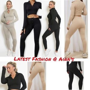 Women Two Piece Gym Set Half Zip Thumb Hole Top Lace Up Ribbed Leggings Sports
