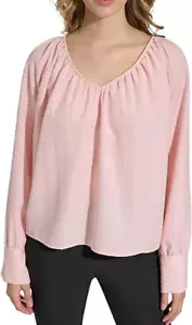 Calvin Klein Textured Chiffon V-Neck Top Plus Sz 0X Pink Bishop Sleeves $89 NWT - Picture 1 of 8