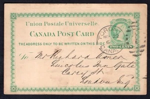Canada TORONTO 1887 UPU P4 Postcard to England - Picture 1 of 2