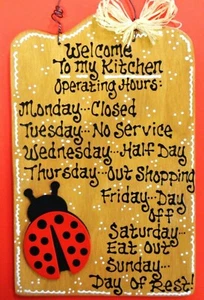 LADYBUG KITCHEN OPERATING HOURS Sign Wood Wall Plaque Hanger Country Decor Craft - Picture 1 of 1