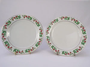 Two Christmas Holly Berry 7" Luncheon Salad Plates White w/Gold Trim Gibson  K22 - Picture 1 of 5