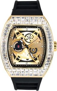 Techno Pave Men's 40mm Iced Out Gold Tonneau Baguette Silicone Band Watch - Picture 1 of 4