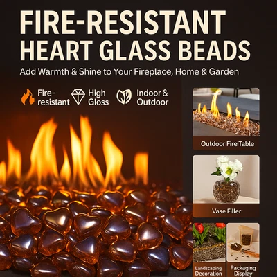 MEEBYSMART 1" Fire-Resistant Peach Heart Glass Beads for Indoor/Outdoor Fireplaces & Decor