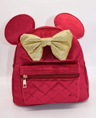 Mochila pequeña Bioworld Mouse de terciopelo borgoña y lazo dorado Foto 1 de 4