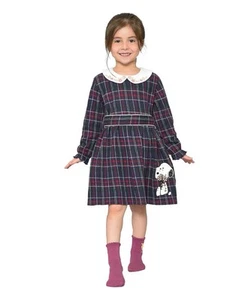 Vintage Peanuts Snoopy Red Navy Plaid Dress Collared Belted Kids 5/6 - Picture 1 of 12
