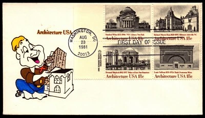Scott 1931a 18 Cents Architecture Ellis Cartoon Cachet FDC  - Image 1 of 2