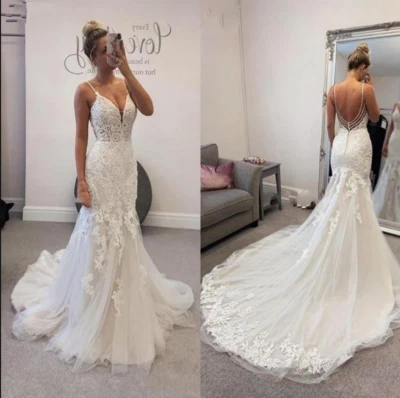 Sexy Mermaid Wedding Dresses Spaghetti Backless Lace Sweep Train Bridal Gowns - Image 1 of 4