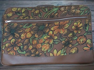 复古花卉印花行李箱 60-70 年代嬉皮中世纪行李箱棕色黄色 — 第 1/4 张图片