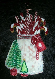 Christmas Jar Filled w/ Candy Canes ~ Glitter Christmas Wood Ornament *Vtg Img* - Picture 1 of 6