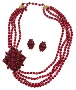Stanley Hagler NYC Cabochon Vetro Rosso Dichiarazione Floreale Collana Orecchini Estate - Foto 1 di 15