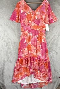 Julia Jordan High-Low Dress Womens 12 Pink Orange Floral Chiffon V-Neck NWT - Picture 1 of 15