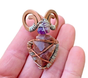Jasper Arrowhead & Amethyst Jewelry Copper Gift For Aries Wire Wrap Ram Pendant - Picture 1 of 8