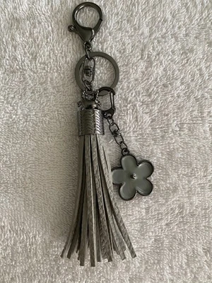 Flower Gray  Leather Tassel Bag Charm Keychain Gunmetal Gray Color Metal - Image 1 of 4