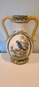 Vintage Keramik handbemalt blauer Eichelhäher Vogel Doppelhenkel Knospe Vase ktc - Bild 1 von 11