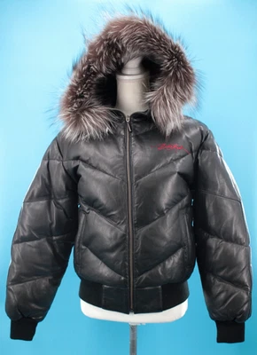VTG Women's Y2K Black Ecko Red Leather Down Puffer Coat W/ Fur Trim Hood Jacket - Image 1 of 4