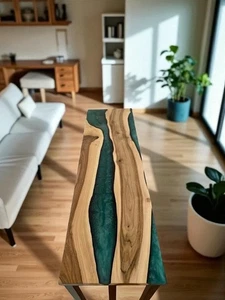 50"x15" Green Epoxy Console Table for entryway kitchen Live edge Wood Furniture - Picture 1 of 11
