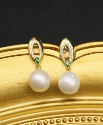 D17 Orecchini Perla Decorato con Zirconia 925 Argento Sterling Placcato Oro - Immagine 1 di 4