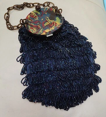 Vintage Fringe Beaded Bakelite Bag Round Colorful Swirled Top Mirror Antique - Image 1 of 4