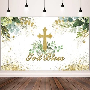 71 x 43 Inch God Bless Baptism Backdrop First Communion Party Decoration God ... - Picture 1 of 7