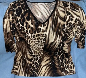 Susan Graver Leopard Zebra Safari 3/4 Sleeve Plus 1X Shimmer Tunic Shirt Top - Picture 1 of 5