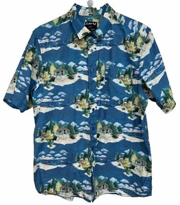 Kavu Shirt Mens L Hawaiian Button Up Shirt S-Sleeve Beach Tiki Hut Blue Multi - Picture 1 of 9