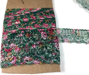 Lace Trim 7 Yards 1.2” Green Rose Pink Sparkle Scalloped Mermaid - 25B - Picture 1 of 10