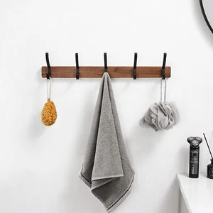 Coat Rack Wall Mounted Heavy Duty Walnut Wood Hook Rack Rail with 5 Double Du... - Picture 1 of 7