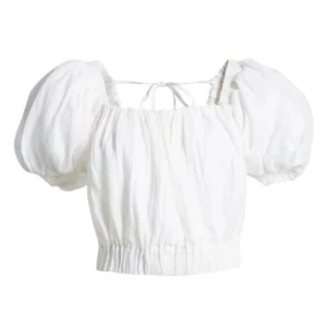 Frame Ruched Crop Puff Sleeve Blouse in Blanc Size Medium - Picture 1 of 10