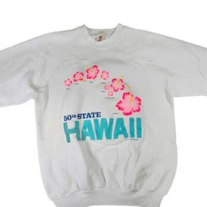 Vintage Hawaii 50th State Hibiscus Flower Sweatshirt White and pink Made USA - Picture 1 of 6