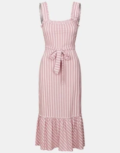 Ex-Warehouse Pink Vertical Stripe Summer Holiday Dress, Frill Detail, Sizes 6-14 - Picture 1 of 5