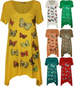 Womens Ladies Plus Size Short Sleeve Butterfly Print Hanky Hem T-Shirt Top Dress - Picture 1 of 17