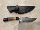 Sweet Stag Horn Handled Damascus Bowie Knife In Leather Sheath