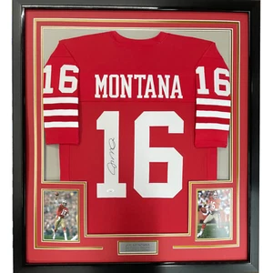 FRAMED Autographed/Signed JOE MONTANA 33x42 San Francisco Red Jersey JSA COA - Picture 1 of 2