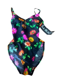 Costume da bagno vintage La Blanca floreale luminoso pezzo unico taglio alto profondo V taglia 8 mai indossato - Foto 1 di 8