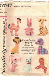 5767 Simplicity Craft Sewing 8 (9") Stuffed Animals Soft Toys Transfer Pattern - Picture 1 of 2