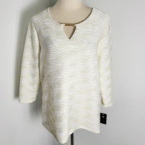 JM Collection Eierschalen- & Goldbluse, glänzend, glitzernde Designs, Größe L, neu mit Etikett - Bild 1 von 11