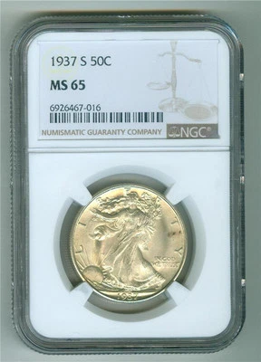 U.S. 1937-S WALKING LIBERTY HALF DOLLAR NGC MS-65 GEM BU - Image 1 of 2