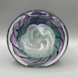 1995 Signed Art Glass Disk Shape Paperweight Purple Blue Clear Swirl Galaxy - Picture 1 of 8