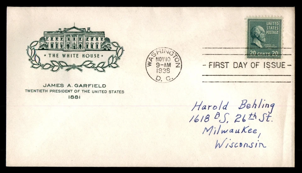 Mayfairstamps US FDC 1938 James A Garfield White House First Day Cover aau_51271 - Image 1 of 2