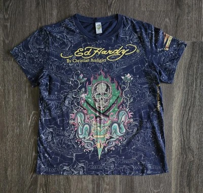 Ed Hardy AOP Graphic Tee Shirt Men 2XL Ride Skull Tattoo Jeweled Bling Y2K - Image 1 of 4
