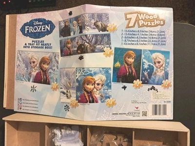 Disney Frozen 7 деревянные пазлы в деревянной коробке для хранения #20894 полный комплект  - Изображение 1 из 4