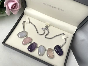 GORGEOUS MODERNIST 925 SOLID STERLING SILVER AMETHYST ROSE QUARTZ 16" NECKLACE - Picture 1 of 13