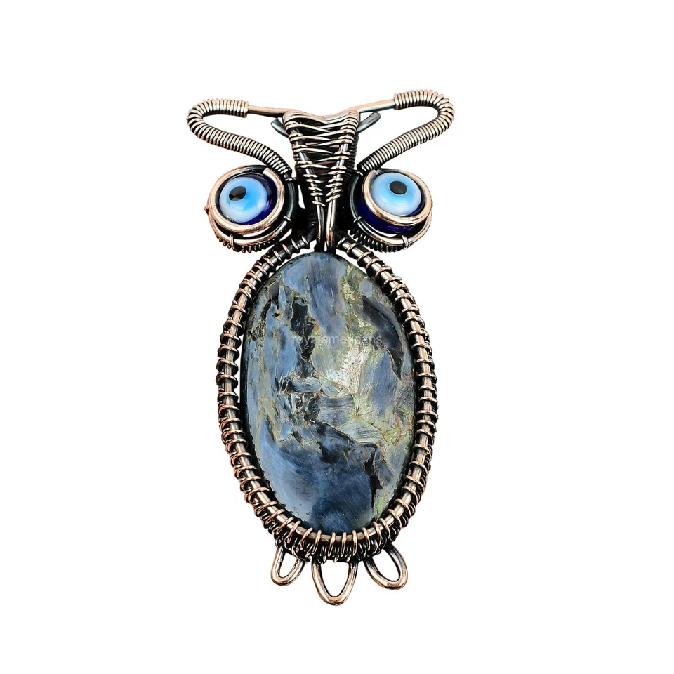 Oval Natural Pietersite Blue Color Evil Eye Copper Owl And Wire Wrapped Pendant - Image 1 of 4