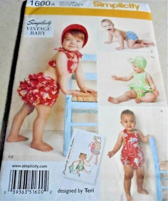 Simplicity 1600 Vintage Baby Romper-Bikini-Panties-Bonnet Pattern size XXS-L-New - Image 1 of 2