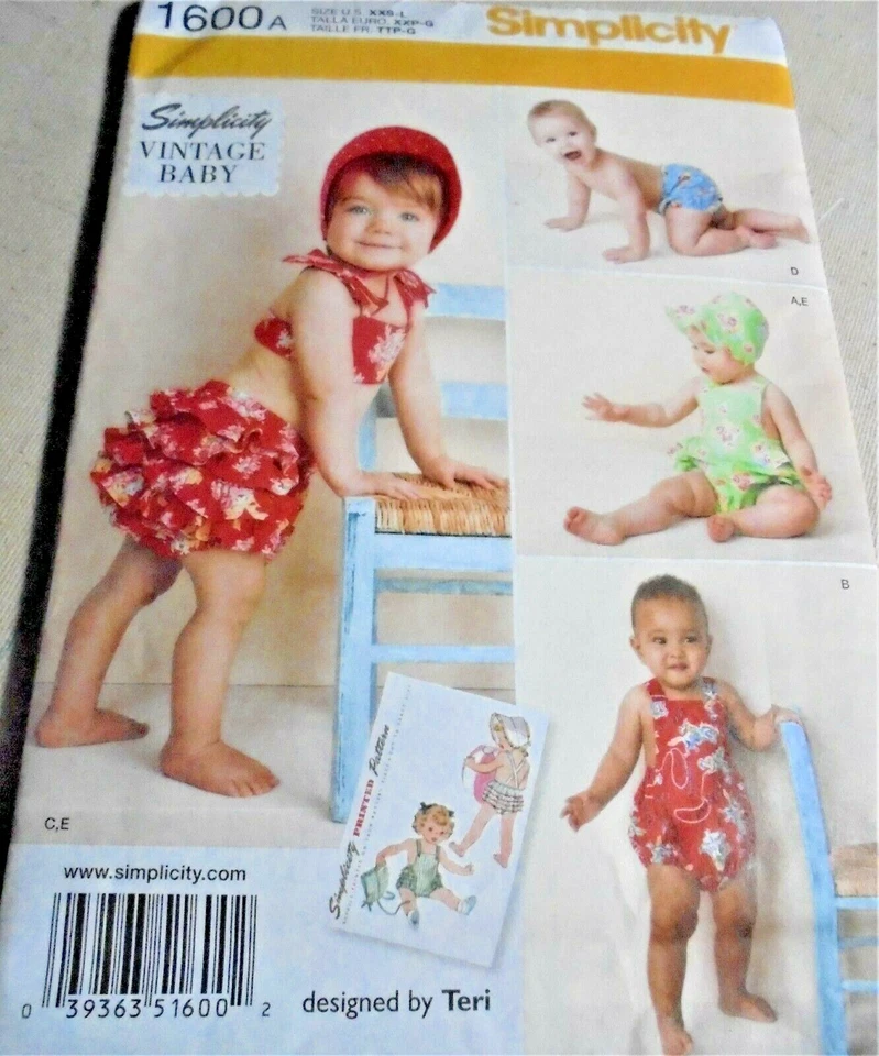 Simplicity 1600 Vintage Baby Romper-Bikini-Panties-Bonnet Pattern size XXS-L-New - Image 1 of 2