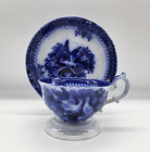 Antique Early Villeroy & Boch V&B 1880's Flow Blue Teacup Cup and Saucer Birds