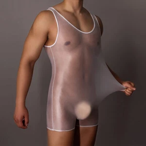 Men's Shiny Glossy Stretch Leotard Jumpsuit Nylon See Through Bodysuit Underwear - Picture 1 of 20