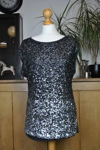 Mint Velvet Sleeveless Tunic Top Silver Sequin Front, Grey Jersey Back Size 12 - Picture 1 of 15