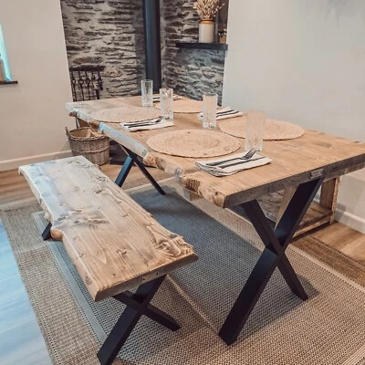 Waney / Live Edge Solid Wood Dining Table With Bench + X Cross Shape Metal Legs - Image 1 of 4